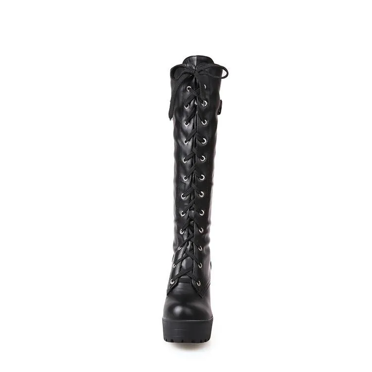 Women Platform Chunky Heel Lace Up Long Boots