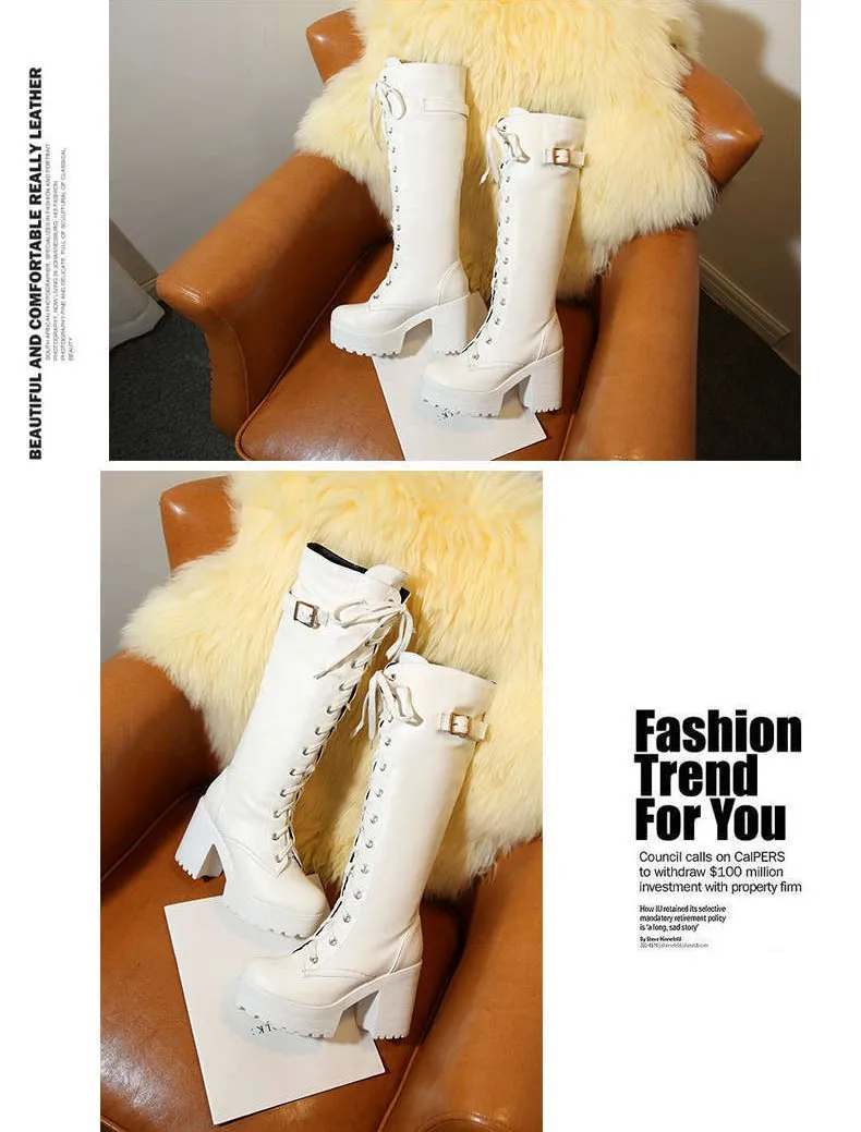 Women Platform Chunky Heel Lace Up Long Boots