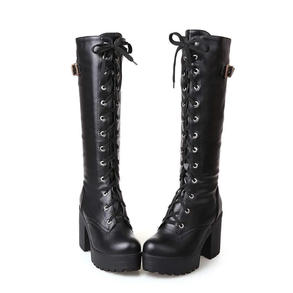 Women Platform Chunky Heel Lace Up Long Boots