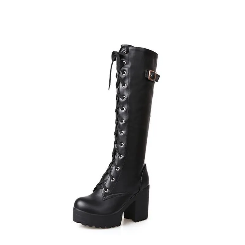 Women Platform Chunky Heel Lace Up Long Boots