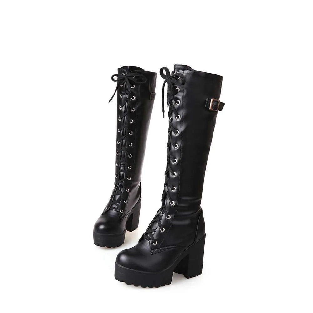 Women Platform Chunky Heel Lace Up Long Boots