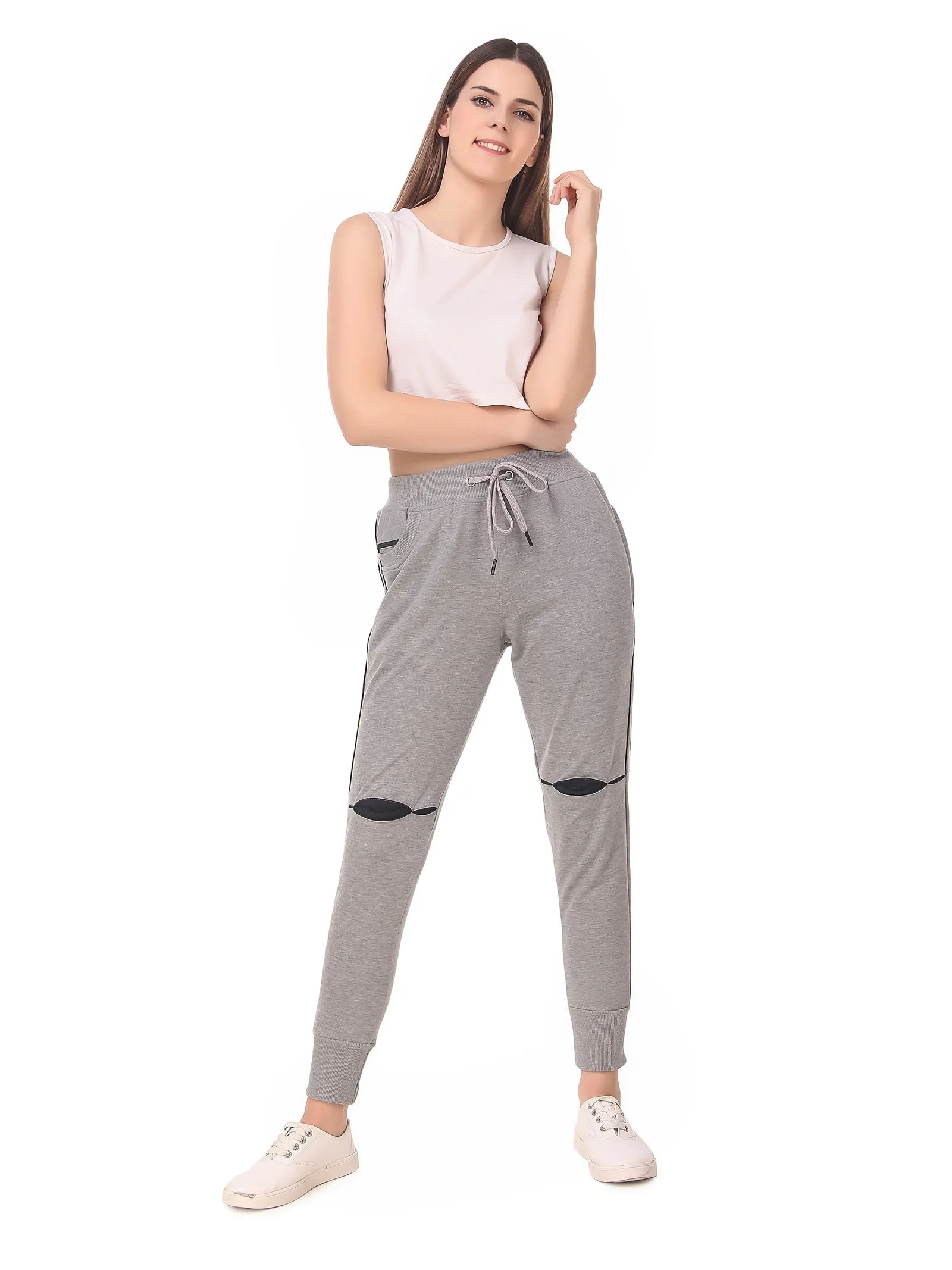 Women's Cotton Slim Fit Joggers Track Pants with 2 Zippered Pockets