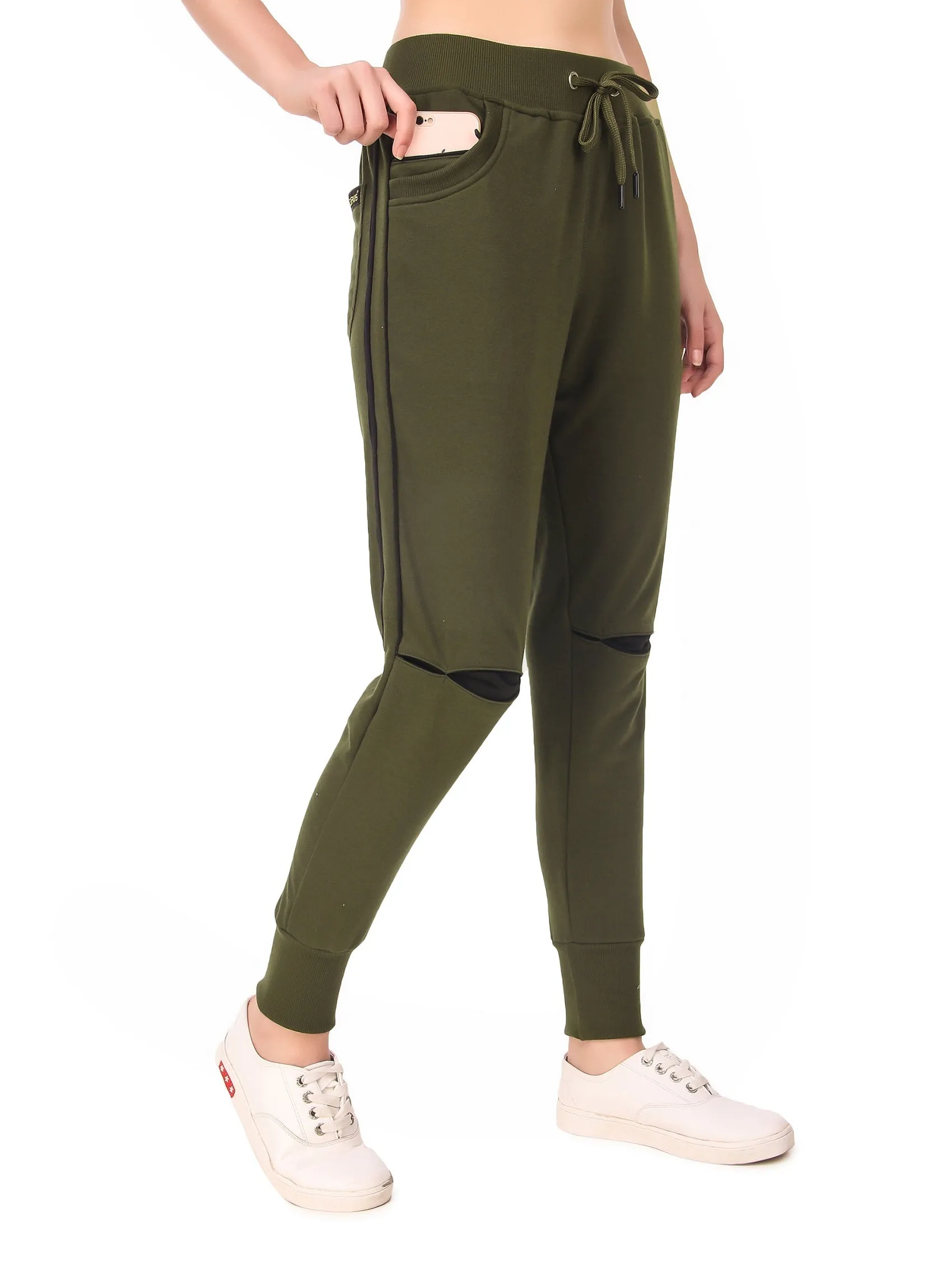 Women's Cotton Slim Fit Joggers Track Pants with 2 Zippered Pockets