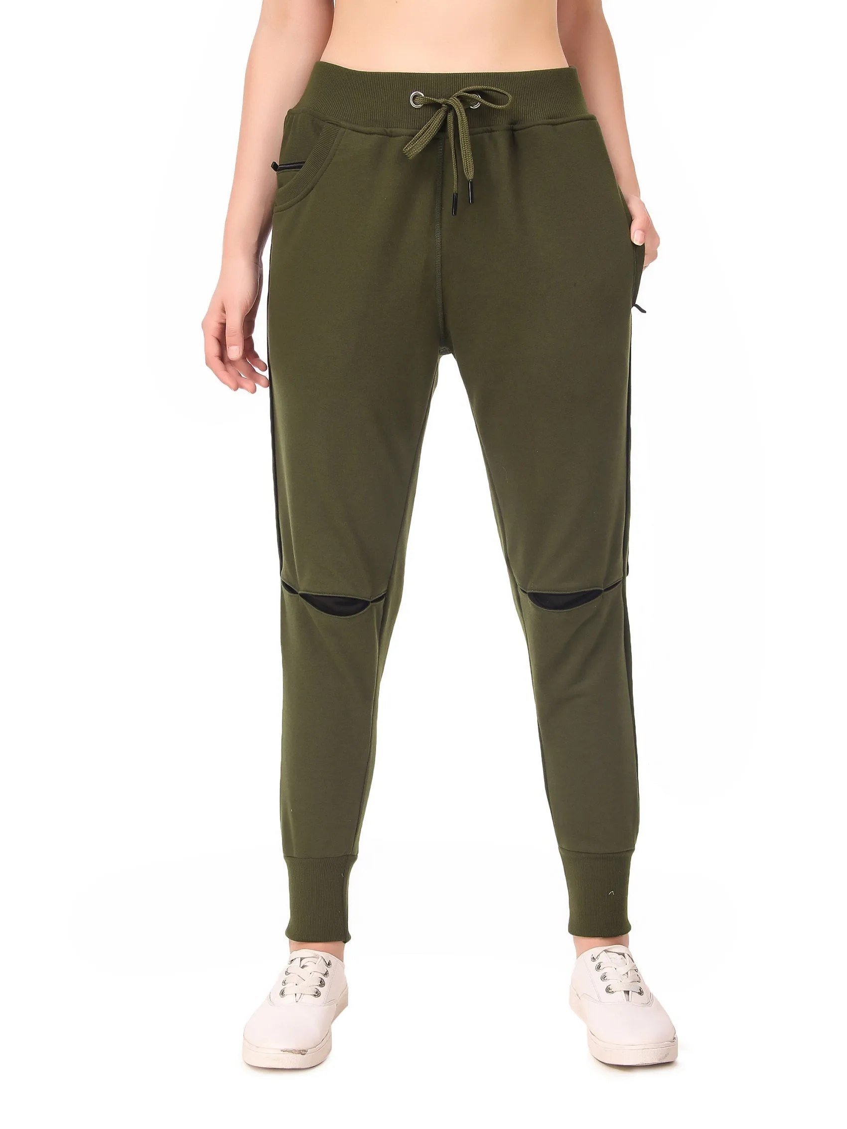 Women's Cotton Slim Fit Joggers Track Pants with 2 Zippered Pockets