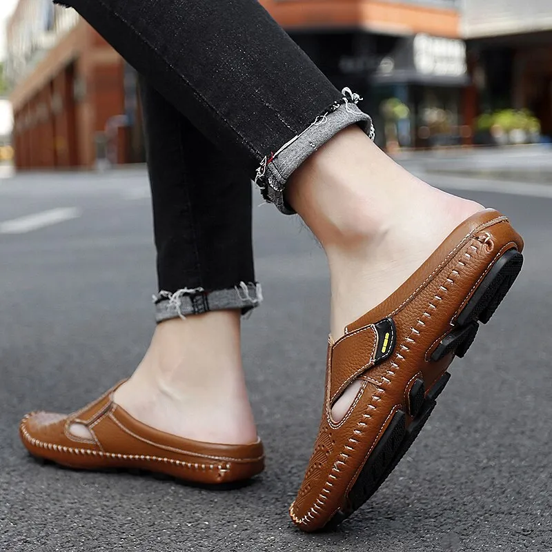 xiangtuibao Men Slippers Genuine Leather Loafers Moccasins Outdoor Non-slip Men Casual Shoes Summer Spring Fashion Men Shoes Lazy Shoes