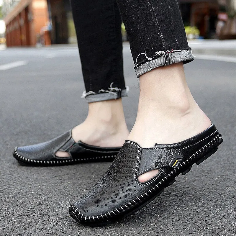 xiangtuibao Men Slippers Genuine Leather Loafers Moccasins Outdoor Non-slip Men Casual Shoes Summer Spring Fashion Men Shoes Lazy Shoes