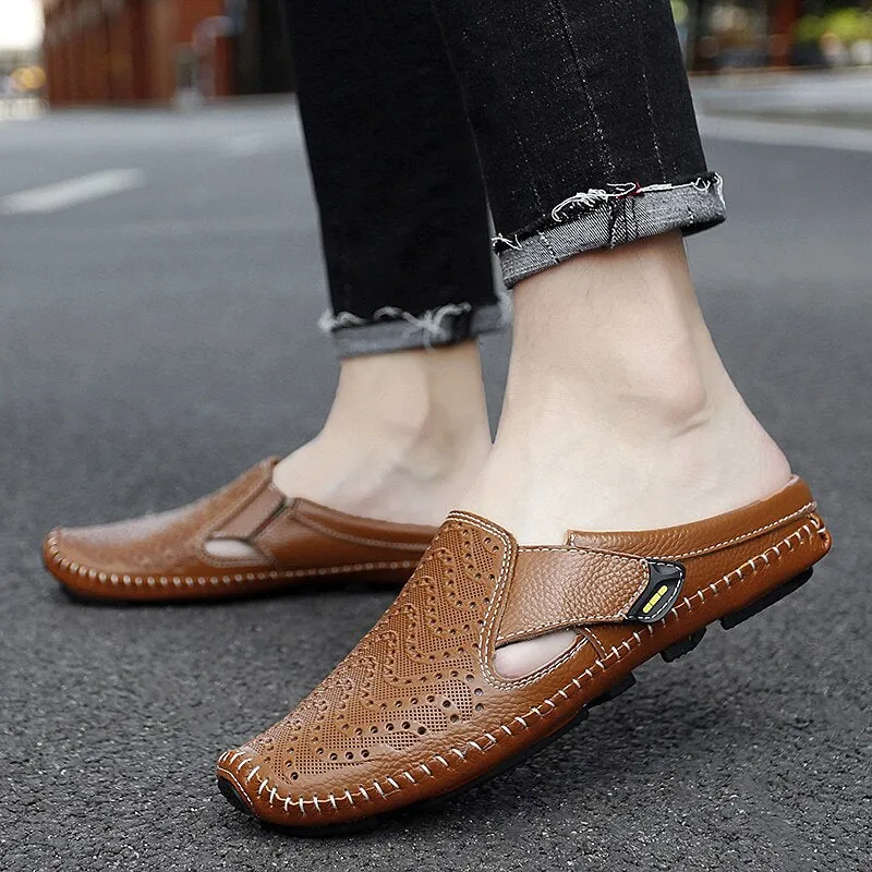 xiangtuibao Men Slippers Genuine Leather Loafers Moccasins Outdoor Non-slip Men Casual Shoes Summer Spring Fashion Men Shoes Lazy Shoes